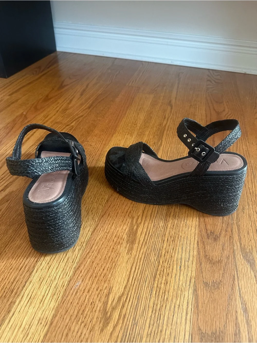 Woven Black Platform Espadrille Sandals with Ankle Strap
